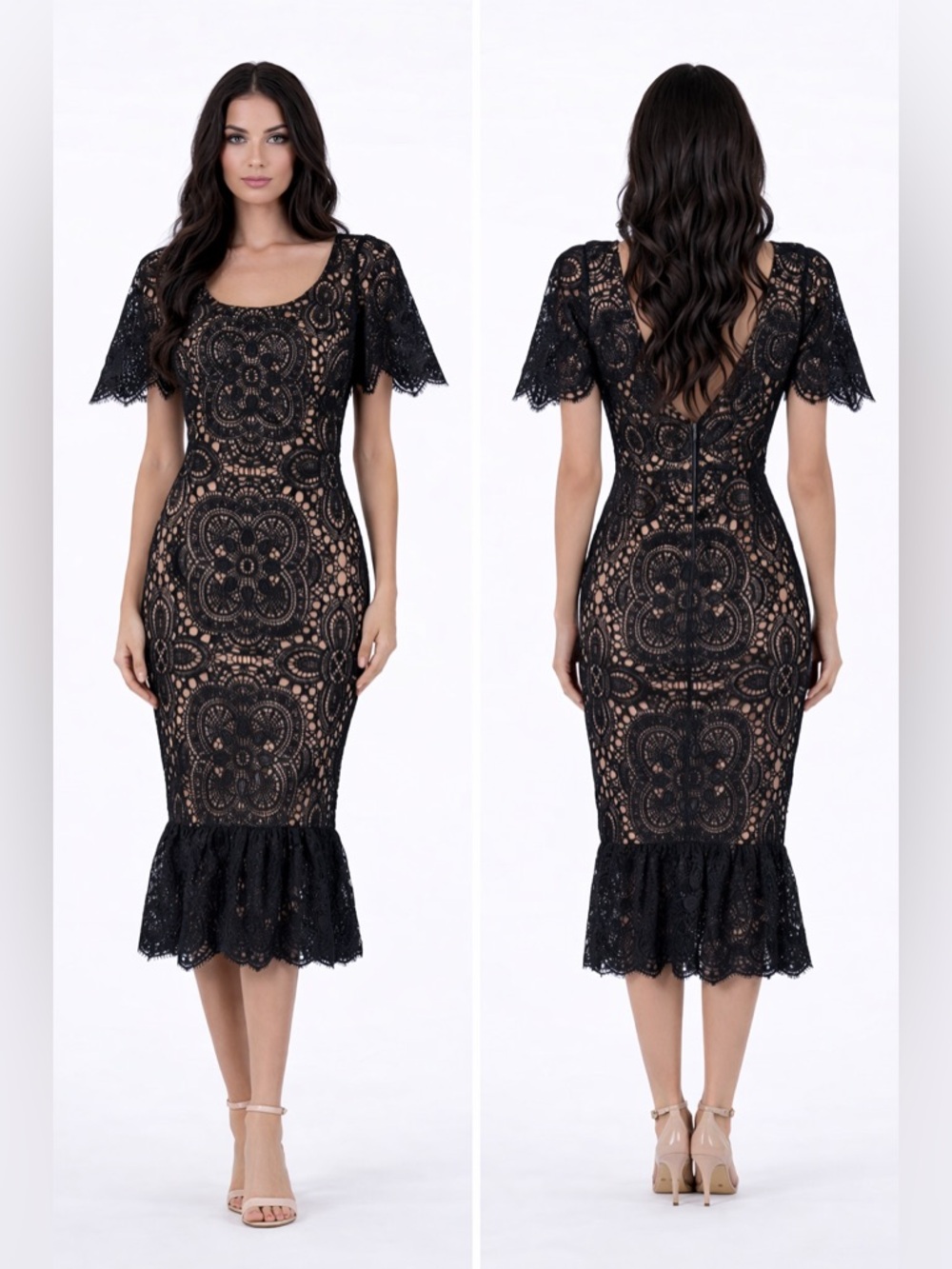 Black Lace Midi Dress with Ruffle Hem